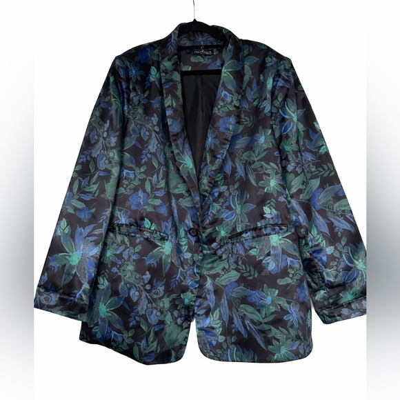 Jackets & Blazers - Satin Black Floral Patterned Blazer Size 3XL